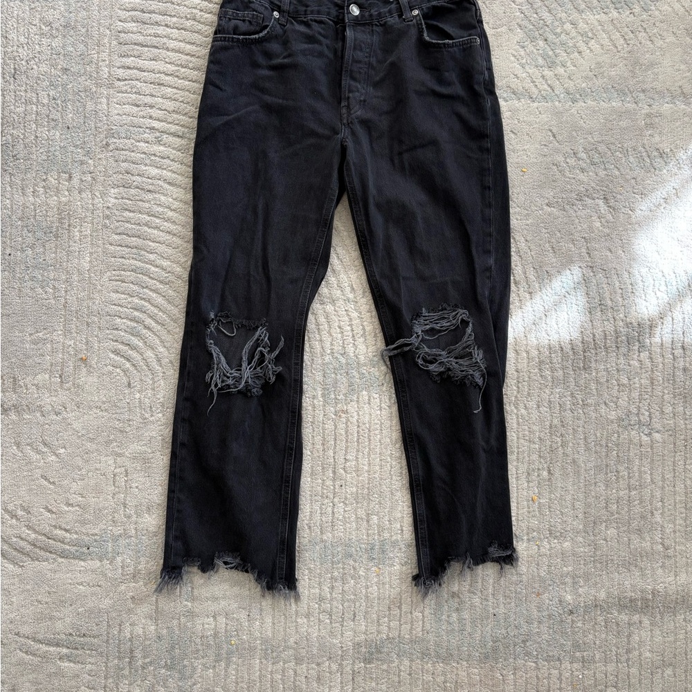 Free People Black Maggie Ripped Straight Leg Jeans